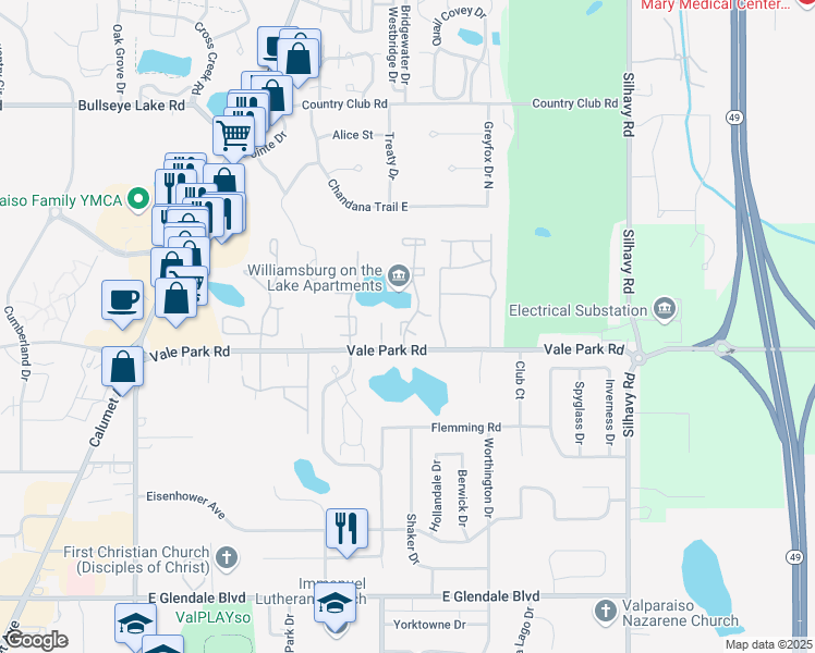 map of restaurants, bars, coffee shops, grocery stores, and more near 2901 Winchester Drive in Valparaiso
