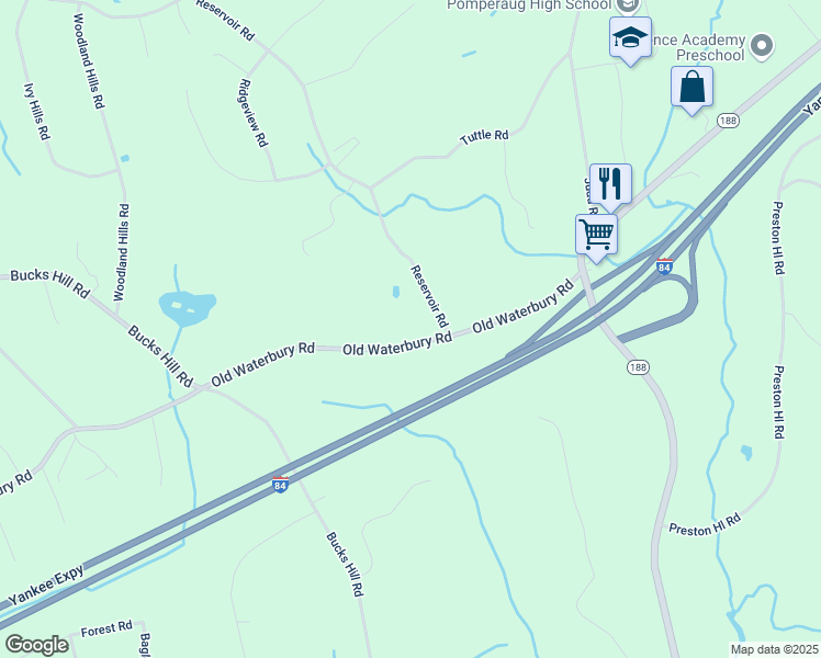 map of restaurants, bars, coffee shops, grocery stores, and more near 1327 Old Waterbury Road in Southbury