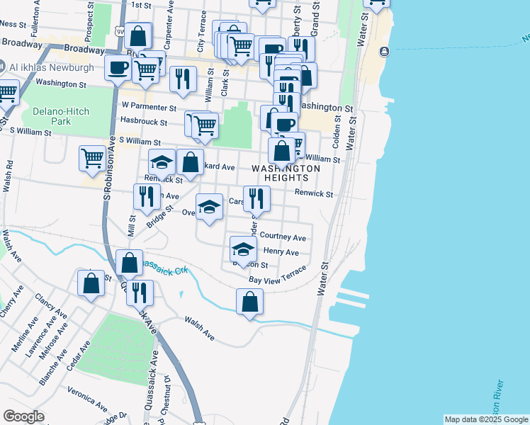 map of restaurants, bars, coffee shops, grocery stores, and more near 102 South Lander Street in Newburgh