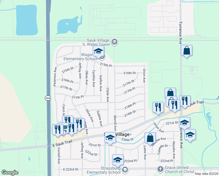 map of restaurants, bars, coffee shops, grocery stores, and more near 21705 Clyde Avenue in Sauk Village