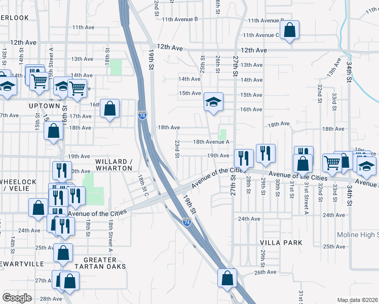map of restaurants, bars, coffee shops, grocery stores, and more near 2325 19th Avenue in Moline