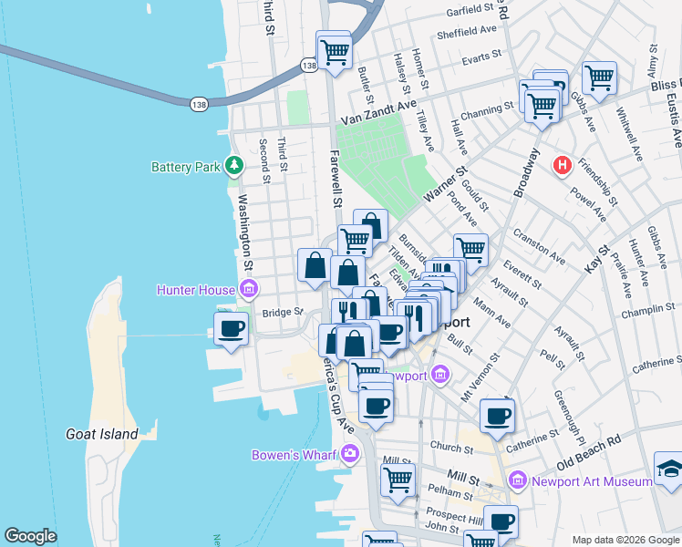 map of restaurants, bars, coffee shops, grocery stores, and more near 12 Poplar Street in Newport