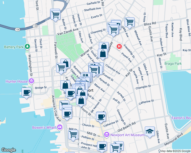 map of restaurants, bars, coffee shops, grocery stores, and more near 105 Broadway in Newport