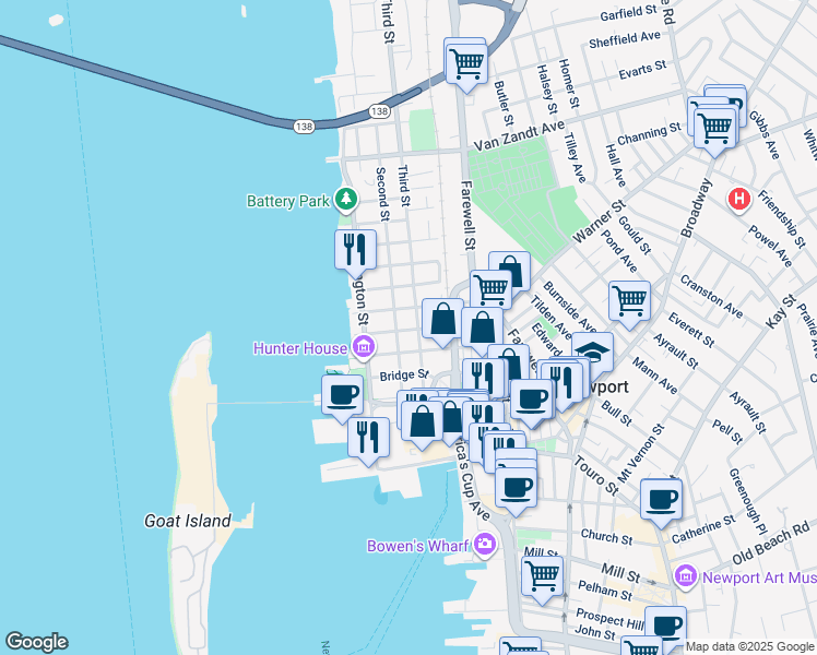 map of restaurants, bars, coffee shops, grocery stores, and more near 31 Elm Street in Newport