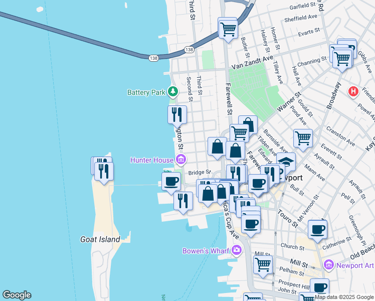 map of restaurants, bars, coffee shops, grocery stores, and more near 53 Washington Street in Newport
