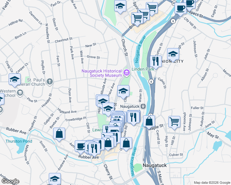 map of restaurants, bars, coffee shops, grocery stores, and more near 208 Meadow Street in Naugatuck
