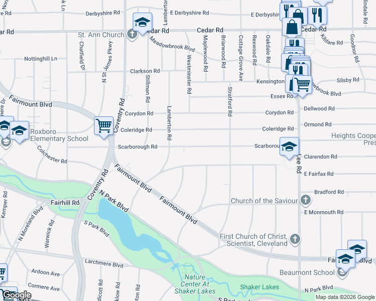 map of restaurants, bars, coffee shops, grocery stores, and more near 2929 Fairfax Road in Cleveland Heights