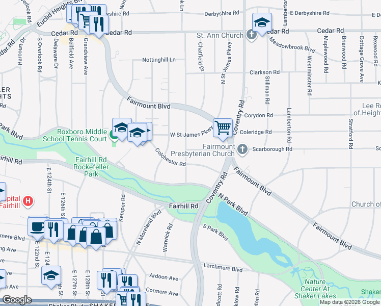 map of restaurants, bars, coffee shops, grocery stores, and more near 2443 Demington Drive in Cleveland Heights
