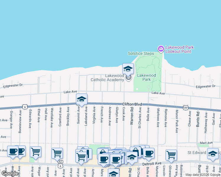 map of restaurants, bars, coffee shops, grocery stores, and more near 15303 Lake Avenue in Lakewood