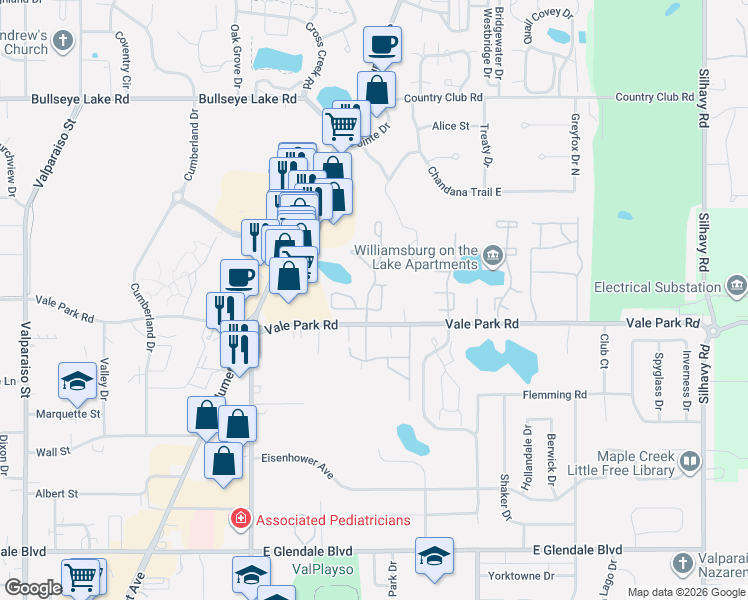 map of restaurants, bars, coffee shops, grocery stores, and more near 1518 Aster Avenue in Valparaiso