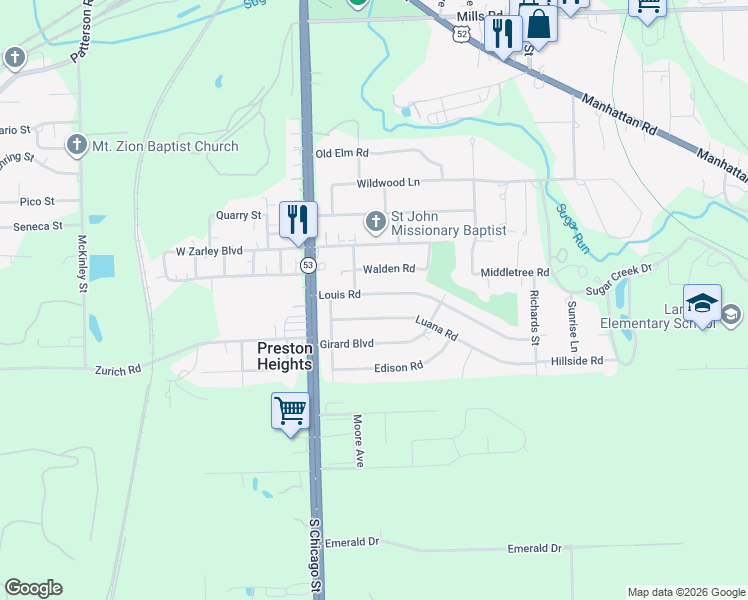 map of restaurants, bars, coffee shops, grocery stores, and more near 101 Luana Road in Joliet