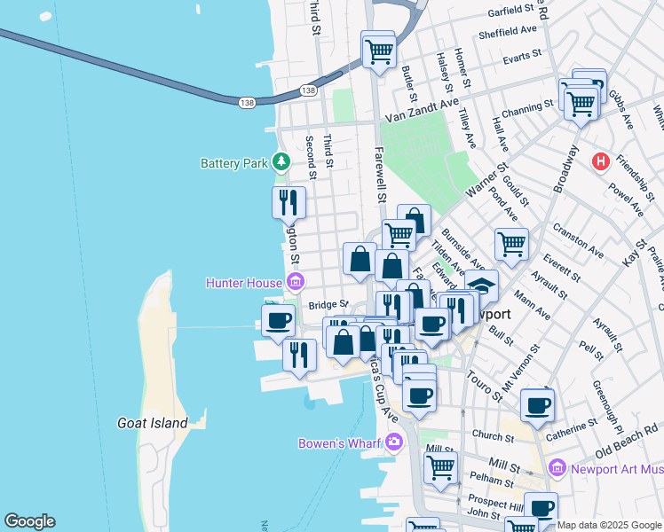 map of restaurants, bars, coffee shops, grocery stores, and more near 51 Poplar Street in Newport