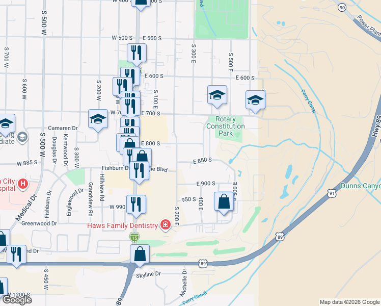 map of restaurants, bars, coffee shops, grocery stores, and more near 256 East 800 South in Brigham City