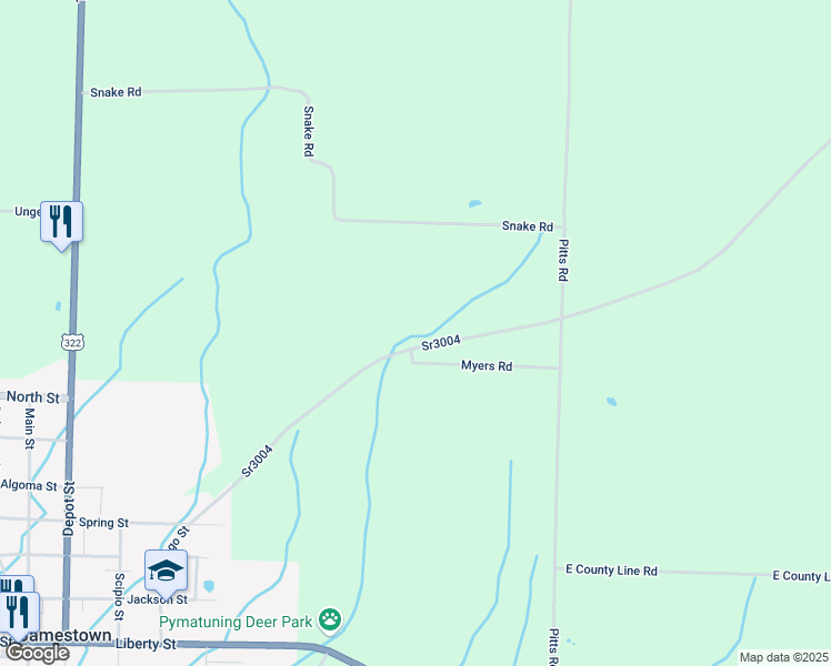 map of restaurants, bars, coffee shops, grocery stores, and more near 4836 Adamsville Road in Jamestown