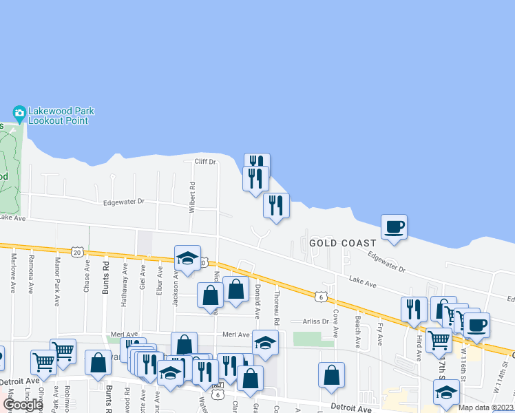 map of restaurants, bars, coffee shops, grocery stores, and more near 12900 Lake Avenue in Lakewood