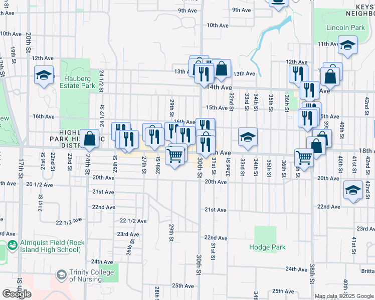 map of restaurants, bars, coffee shops, grocery stores, and more near in Rock Island