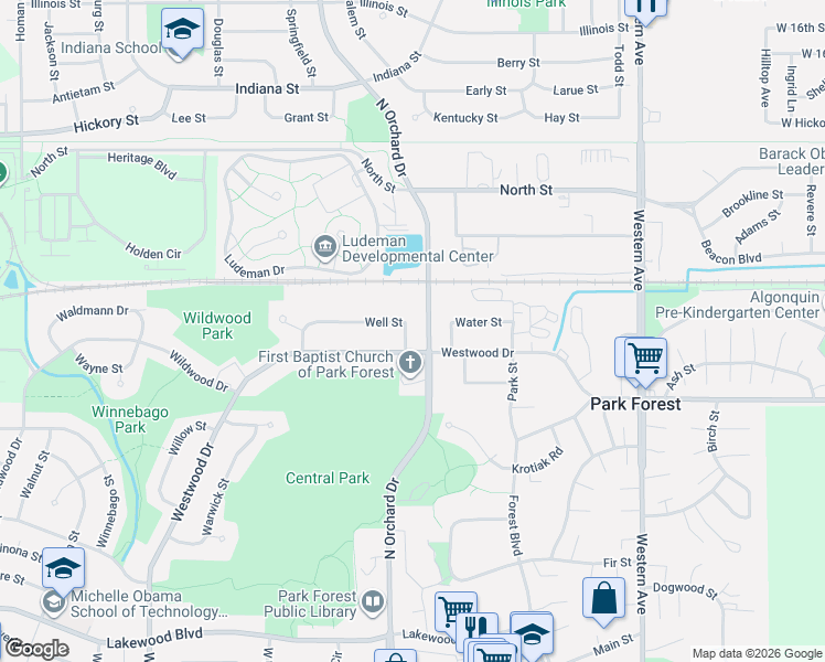 map of restaurants, bars, coffee shops, grocery stores, and more near 106 Well Street in Park Forest