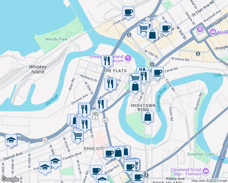 map of restaurants, bars, coffee shops, grocery stores, and more near 2400 Superior Viaduct in Cleveland
