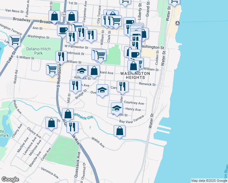 map of restaurants, bars, coffee shops, grocery stores, and more near 95 Overlook Place in Newburgh