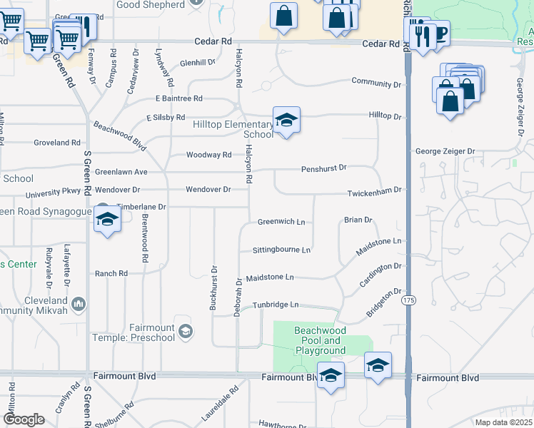 map of restaurants, bars, coffee shops, grocery stores, and more near 24465 Greenwich Lane in Beachwood