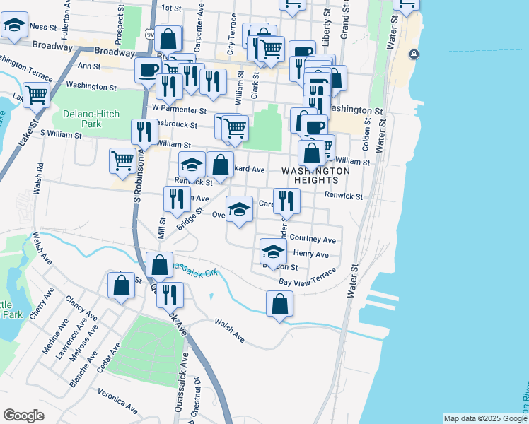 map of restaurants, bars, coffee shops, grocery stores, and more near 98 Overlook Place in Newburgh