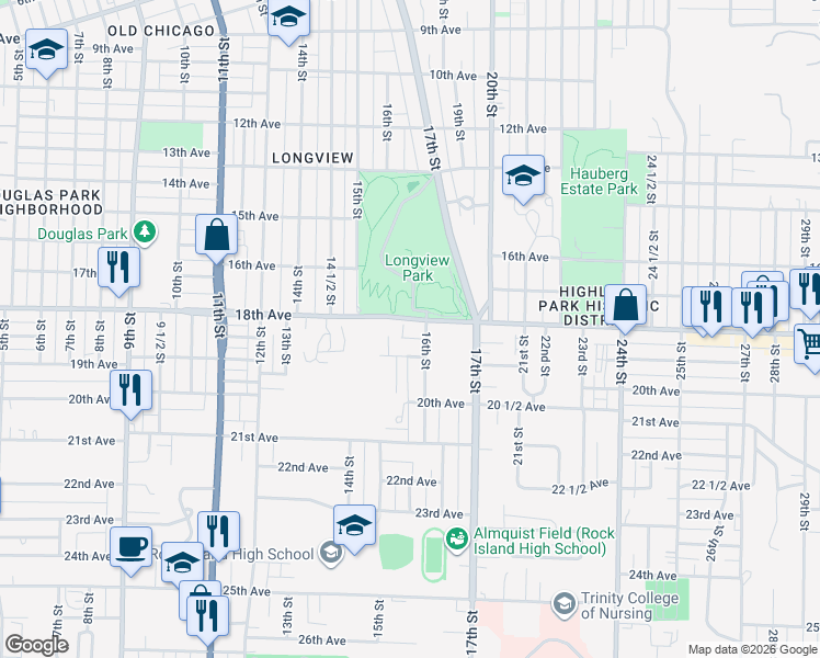 map of restaurants, bars, coffee shops, grocery stores, and more near 1819 16th Street in Rock Island