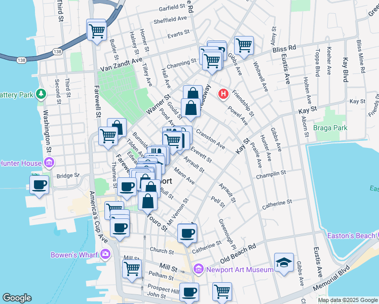 map of restaurants, bars, coffee shops, grocery stores, and more near 14 Ayrault Street in Newport