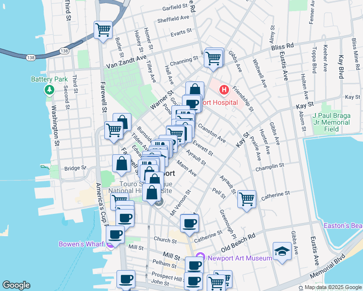 map of restaurants, bars, coffee shops, grocery stores, and more near 105 Broadway in Newport