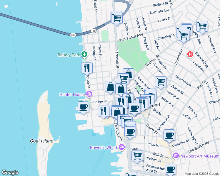 map of restaurants, bars, coffee shops, grocery stores, and more near 9 America's Cup Avenue in Newport