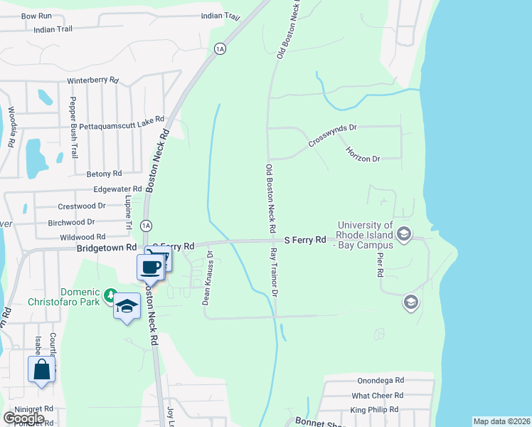 map of restaurants, bars, coffee shops, grocery stores, and more near 138 South Ferry Road in Narragansett