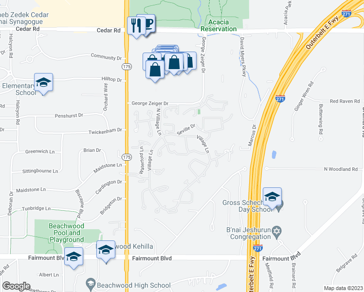 map of restaurants, bars, coffee shops, grocery stores, and more near 26150 Village Lane in Beachwood