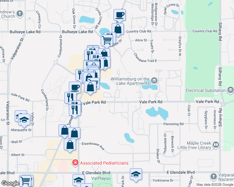 map of restaurants, bars, coffee shops, grocery stores, and more near 1518 Aster Avenue in Valparaiso