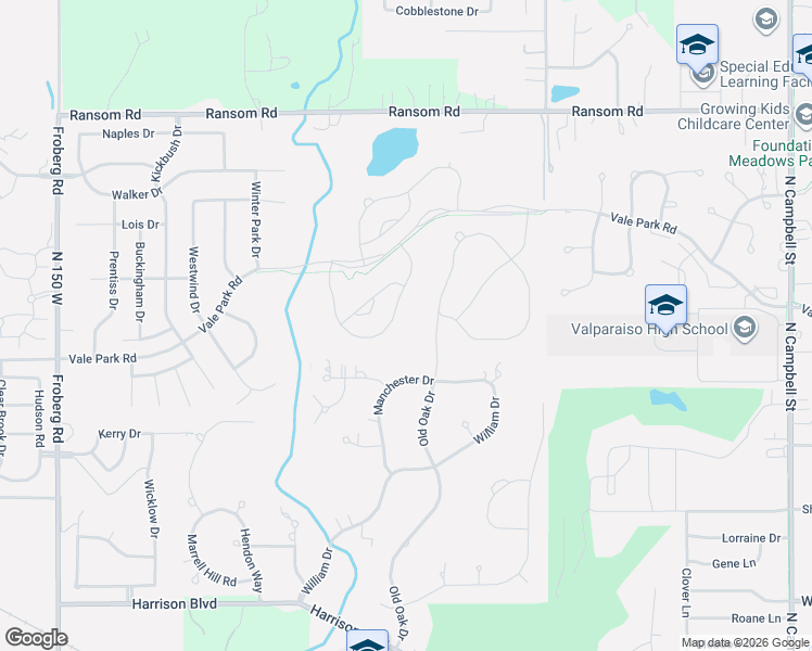 map of restaurants, bars, coffee shops, grocery stores, and more near 2605 Manchester Drive in Valparaiso