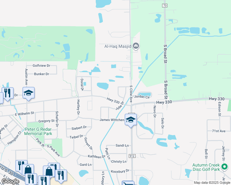 map of restaurants, bars, coffee shops, grocery stores, and more near 648 East Joliet Street in Griffith