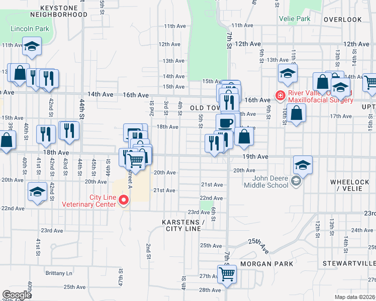 map of restaurants, bars, coffee shops, grocery stores, and more near 428 19th Ave in Moline