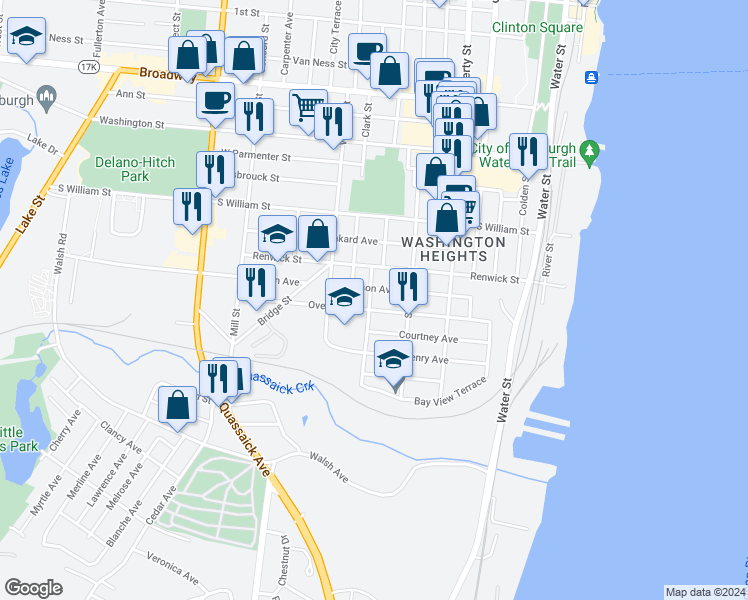 map of restaurants, bars, coffee shops, grocery stores, and more near 100 Overlook Place in Newburgh
