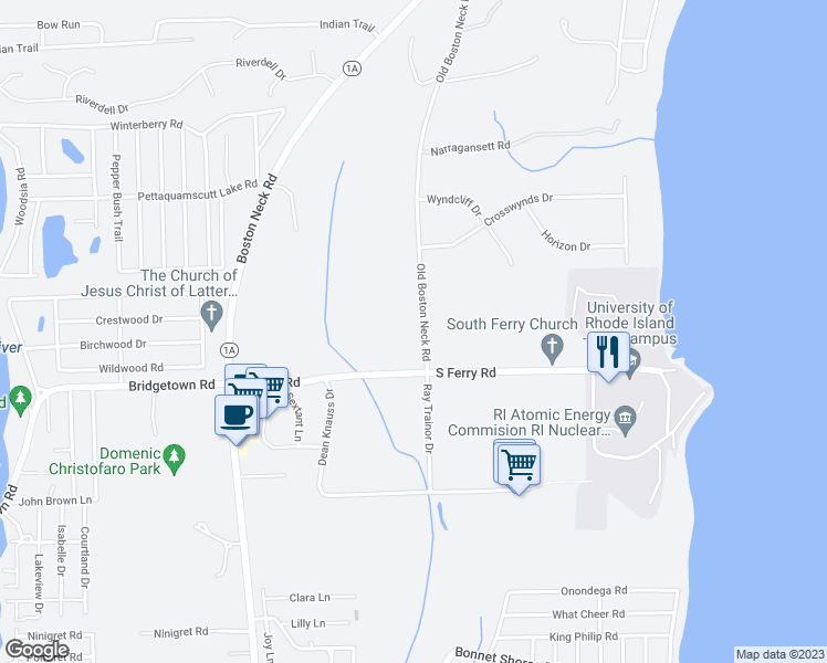 map of restaurants, bars, coffee shops, grocery stores, and more near 138 South Ferry Road in Narragansett
