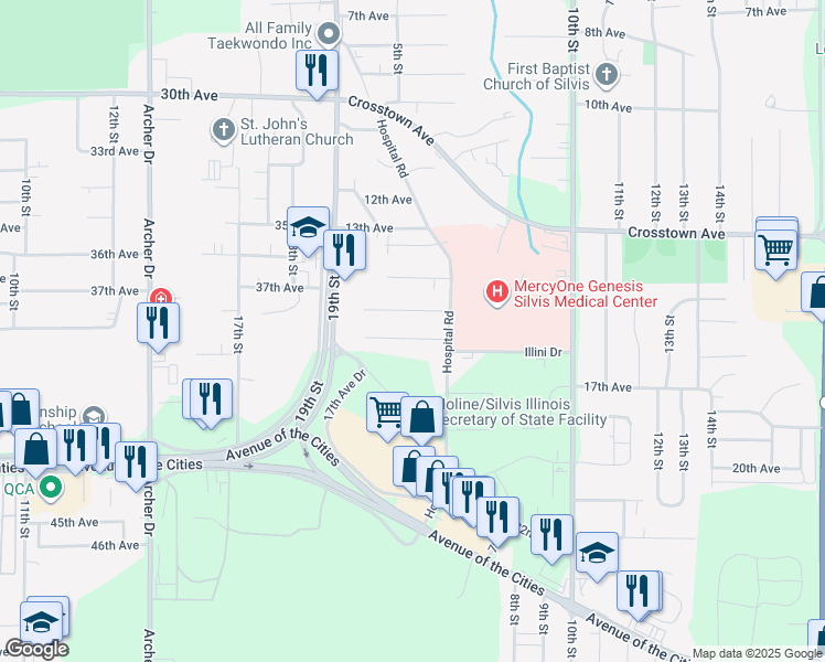 map of restaurants, bars, coffee shops, grocery stores, and more near 517 16th Avenue in Silvis