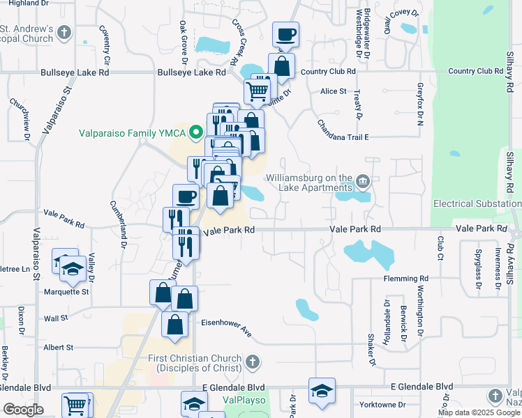 map of restaurants, bars, coffee shops, grocery stores, and more near 1500 Lupine Circle in Valparaiso