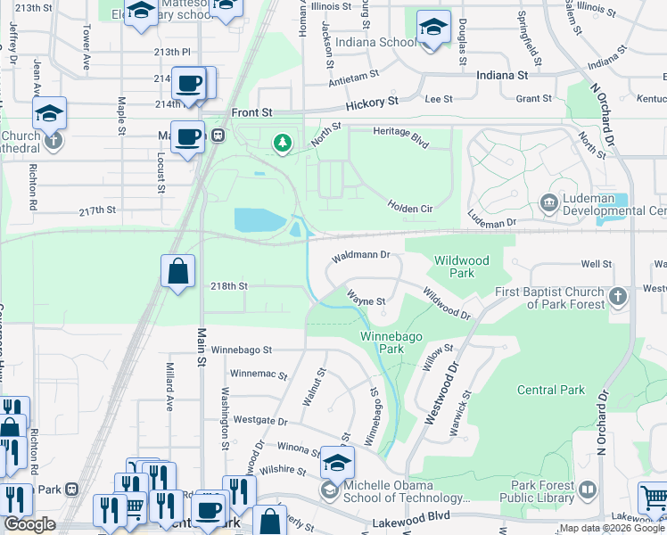 map of restaurants, bars, coffee shops, grocery stores, and more near 329 Waldmann Drive in Park Forest