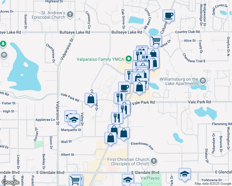 map of restaurants, bars, coffee shops, grocery stores, and more near 2801 Calumet Avenue in Valparaiso