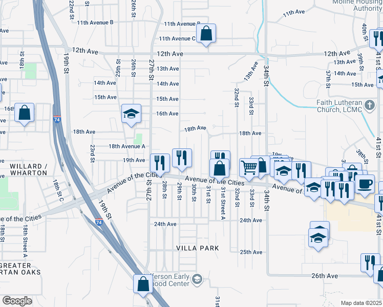 map of restaurants, bars, coffee shops, grocery stores, and more near 1845 30th Street in Moline