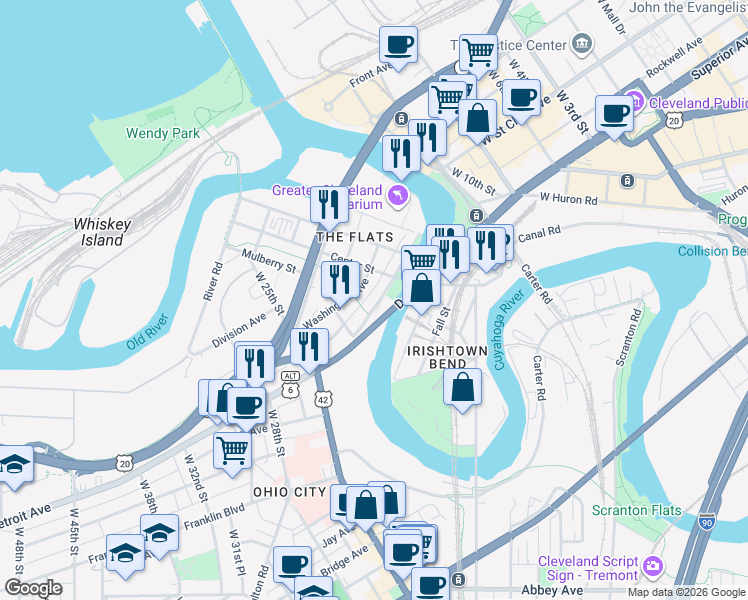 map of restaurants, bars, coffee shops, grocery stores, and more near 1500 Detroit Avenue in Cleveland