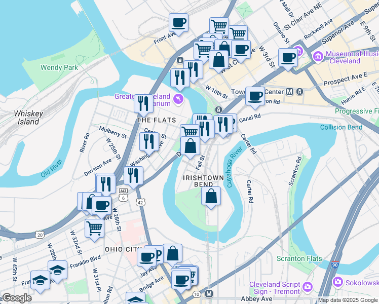 map of restaurants, bars, coffee shops, grocery stores, and more near 1600 Merwin Avenue in Cleveland