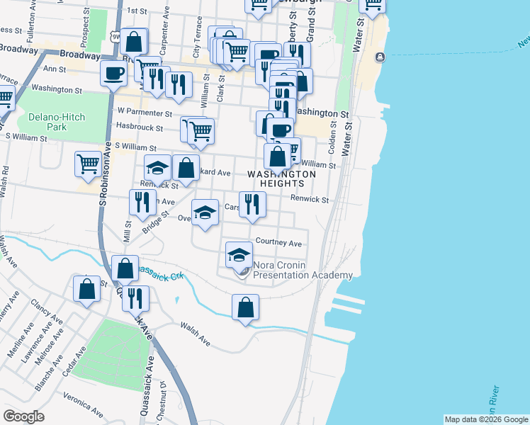map of restaurants, bars, coffee shops, grocery stores, and more near 53 Carson Avenue in Newburgh
