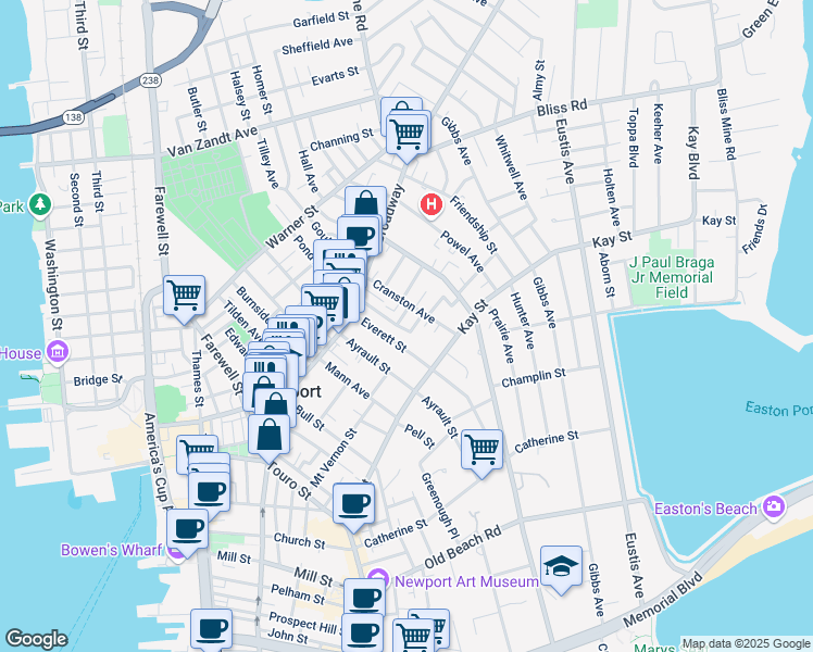 map of restaurants, bars, coffee shops, grocery stores, and more near 22 Everett Street in Newport