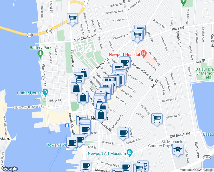 map of restaurants, bars, coffee shops, grocery stores, and more near 10A Collins Street in Newport