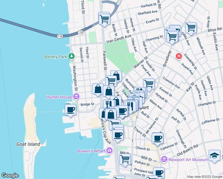 map of restaurants, bars, coffee shops, grocery stores, and more near 9 Cross Street in Newport