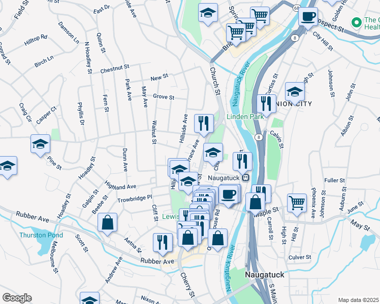 map of restaurants, bars, coffee shops, grocery stores, and more near 22 Terrace Avenue in Naugatuck