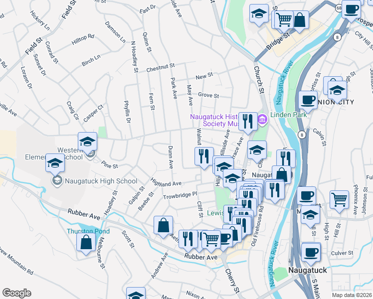 map of restaurants, bars, coffee shops, grocery stores, and more near 38 Walnut Street in Naugatuck